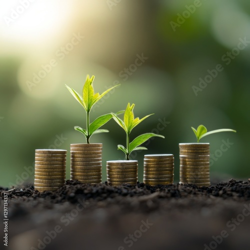 Investment Growth Concept: Seedlings Sprouting From Coin Stacks Representing Financial Success and Sustainable Wealth