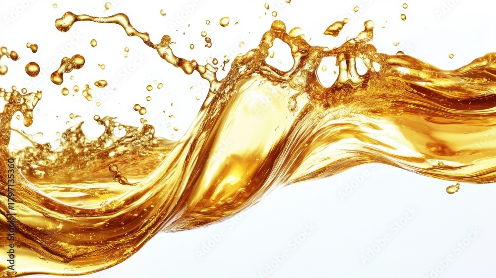 golden liquid splash in motion, rich amber tones, transparent oil texture, floating droplets, perfect wave shape, realistic reflections, isolated on white studio background. golden liquid splash in motion, rich amber tones, transparent oil texture, floating droplets, perfect wave shape, realistic reflections, isolated on white studio background.