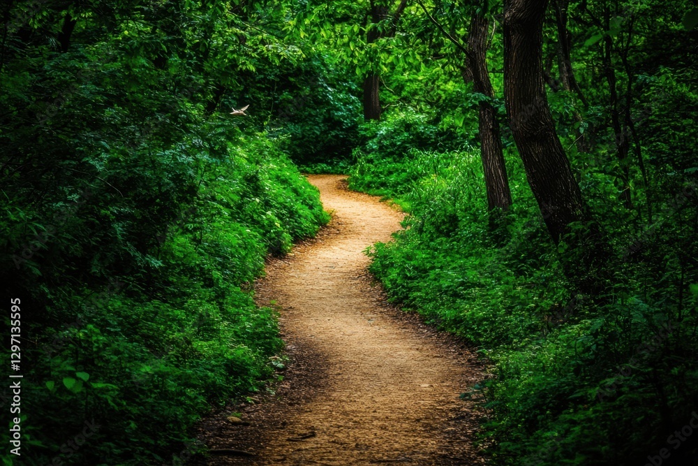 A winding path disappears into the verdant depths of a dense forest, inviting exploration and discovery in nature's embrace. A winding path disappears into the verdant depths of a dense forest, inviting exploration and discovery in nature's embrace.