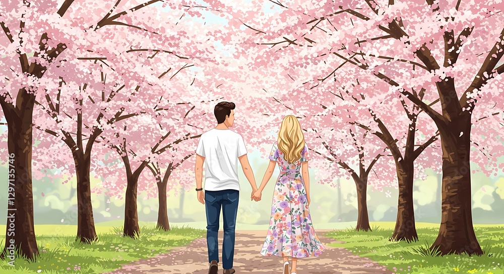 Couple Walking Hand in Hand Under Cherry Blossoms Path, Spring Season Couple Walking Hand in Hand Under Cherry Blossoms Path, Spring Season