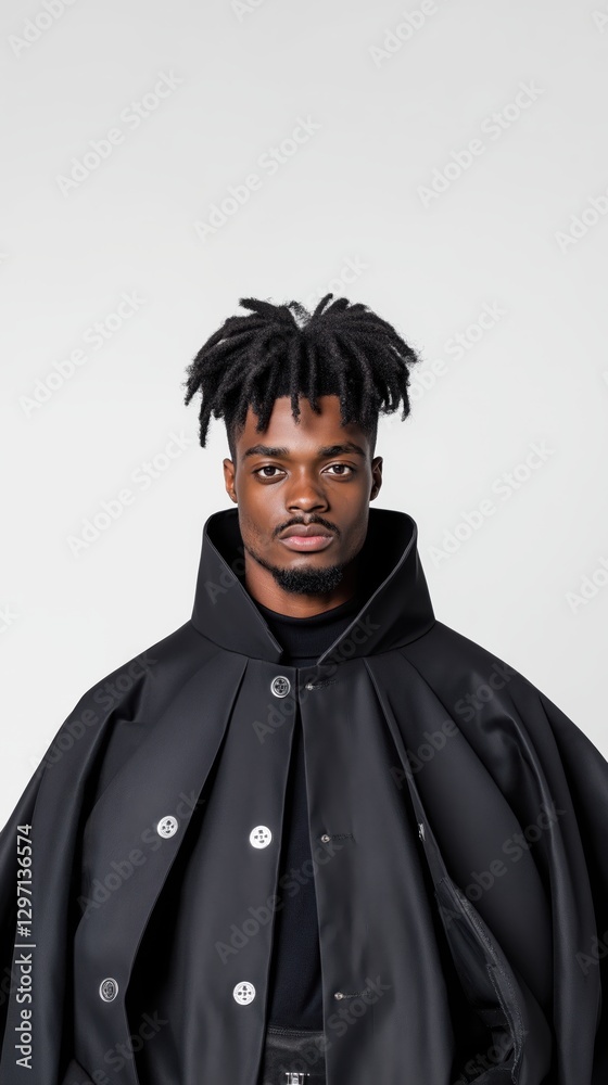 Obraz premium Mysterious black male magician in a dramatic cape captured against a clean white background for a striking visual effect