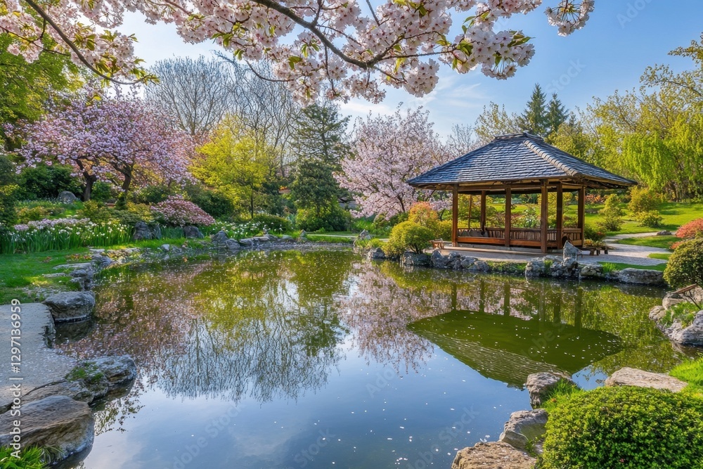 Serene garden with blooming trees reflecting in a tranquil pond, a charming pagoda adds to the peaceful ambiance, inviting contemplation. Serene garden with blooming trees reflecting in a tranquil pond, a charming pagoda adds to the peaceful ambiance, inviting contemplation.