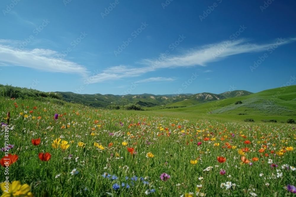 A vibrant wildflower meadow meets rolling green hills under a clear blue sky, creating a picturesque and serene natural landscape. A vibrant wildflower meadow meets rolling green hills under a clear blue sky, creating a picturesque and serene natural landscape.