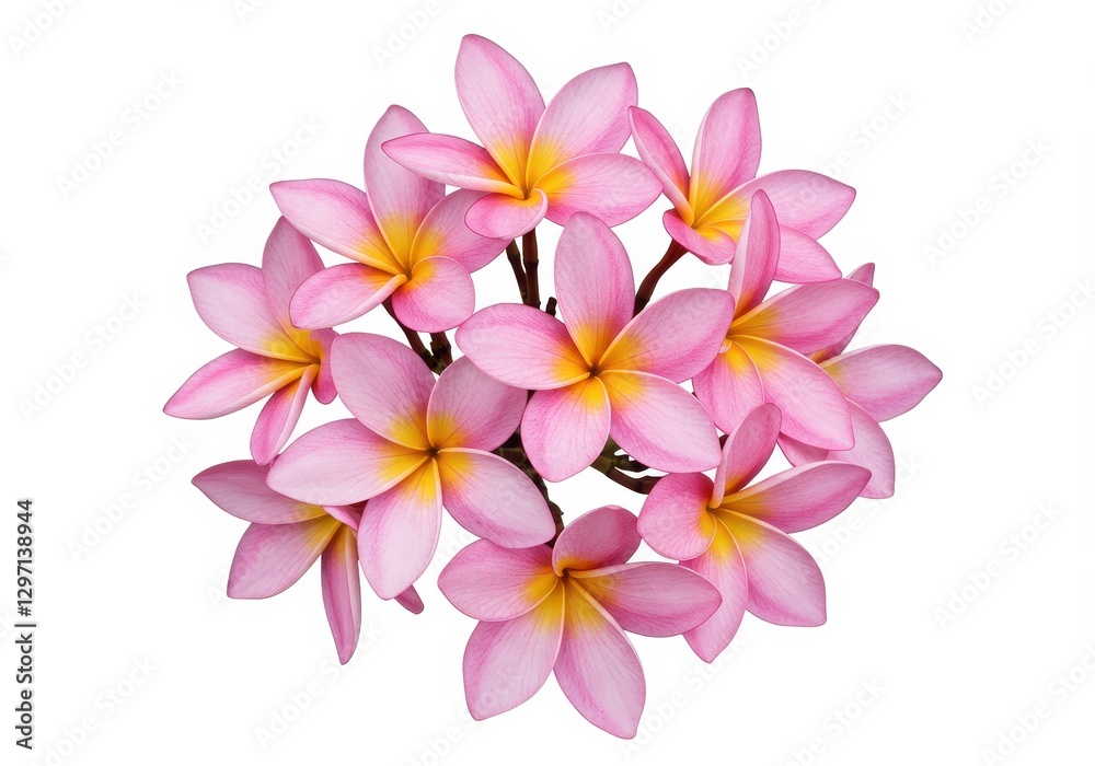 Cluster of delicate pink plumeria flowers with yellow centers isolated on white background Cluster of delicate pink plumeria flowers with yellow centers isolated on white background