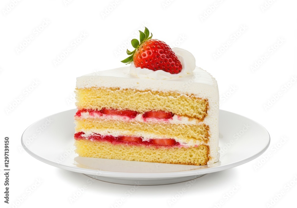 Slice of soft cream cake with a layer of frosting, topped with a fresh strawberry served on a white plate, isolated on white background Slice of soft cream cake with a layer of frosting, topped with a fresh strawberry served on a white plate, isolated on white background