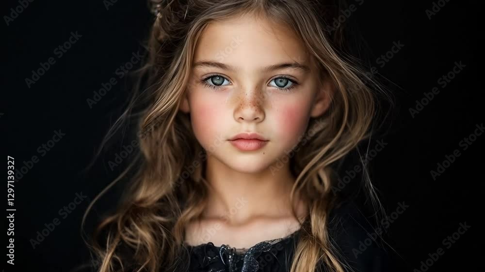 Scene of beautiful blonde haired blue eyed young girl with dark background, smooth repetitive motion for background video animation