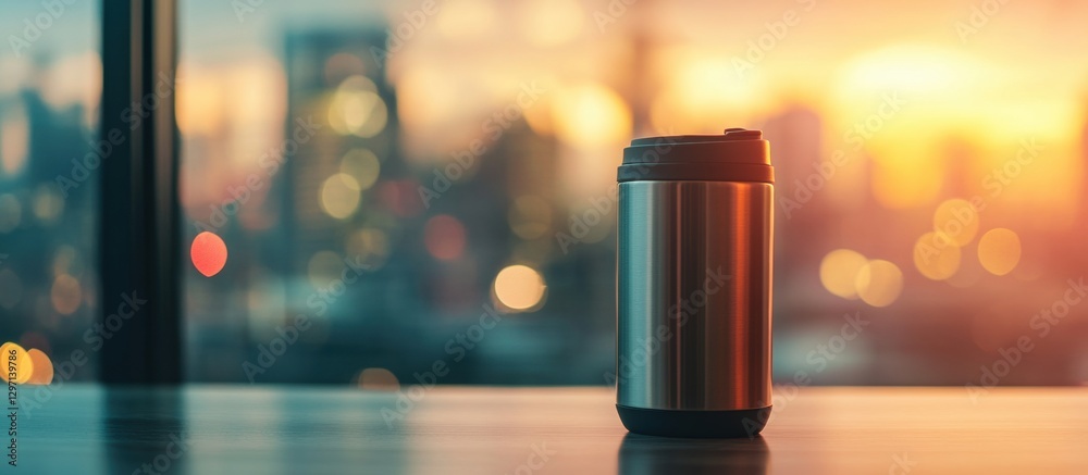 Travel Mug on Desk with City Skyline Background Travel Mug on Desk with City Skyline Background