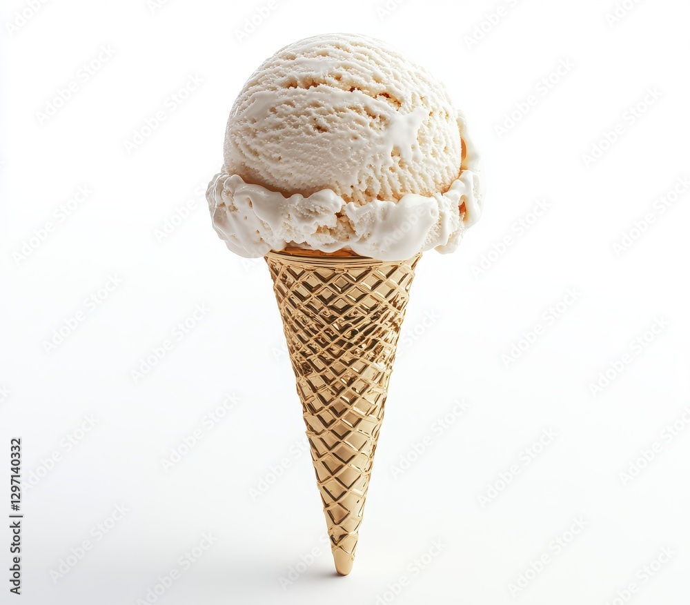 Delicious creamy vanilla ice cream scoop atop a golden waffle cone against a bright white background for food and dessert photography Delicious creamy vanilla ice cream scoop atop a golden waffle cone against a bright white background for food and dessert photography