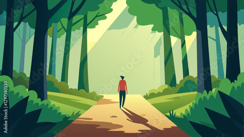 Tranquil Forest Path A winding path through a serene forest dappled sunlight filtering through the leaves with a figure walking and taking deep breaths.