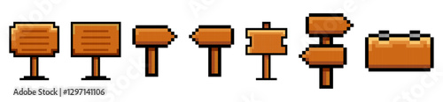 Pixel art wooden sign collection, Pixel art wooden signs, arrows, and boards, Wood direction signs, set of wooden pixel signs, 8 bit, wooden board, game development.