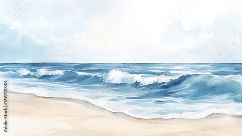 Calm beach watercolor illustration with soft waves and warm sand. Generative AI