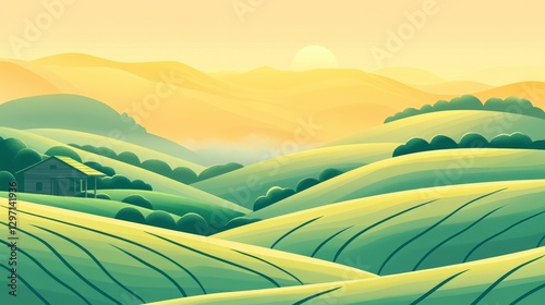 Misty Hilltop Tea Plantation at Sunrise with Soft Golden Light