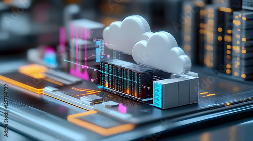 a infographic that represents the transfer of a server from one data center to another to support real world operations cloud computing