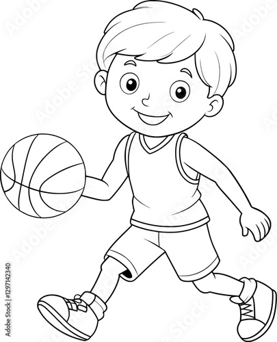 Boy Playing Basketball Coloring Page – Black and White