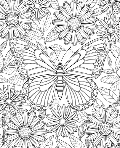 Butterfly and Daisies Coloring Page – Black and White