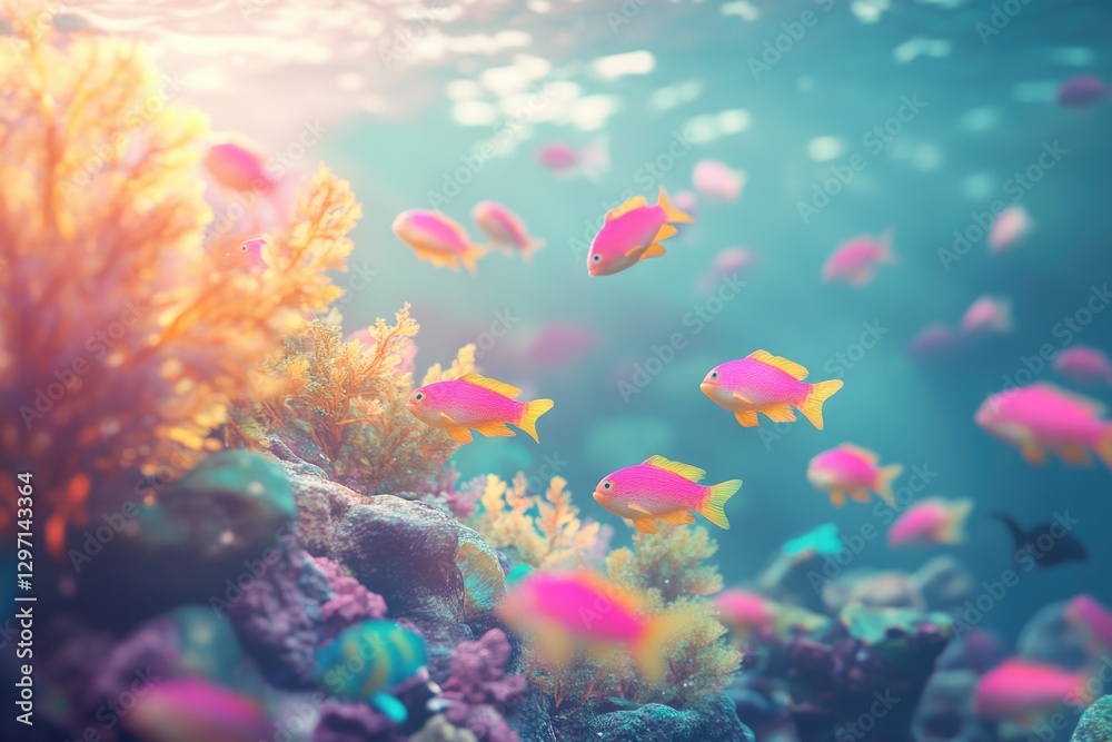 Naklejka premium Vibrant pink fish swim amidst coral and seaweed in a sunlit ocean scene.