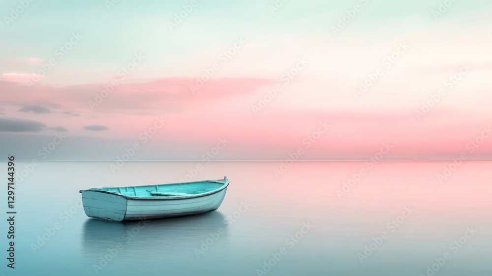 Naklejka premium A small turquoise boat floats on a calm and serene sea
