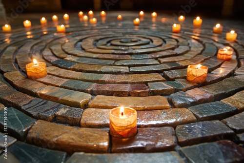 The labyrinth at Chartres Cathedral, intricate and spiritual, serene atmosphere