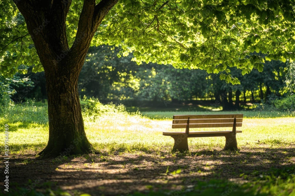 A peaceful park scene featuring a wooden bench under a large tree, bathed in sunlight filtering through the leaves, creating dappled shadows. A peaceful park scene featuring a wooden bench under a large tree, bathed in sunlight filtering through the leaves, creating dappled shadows.