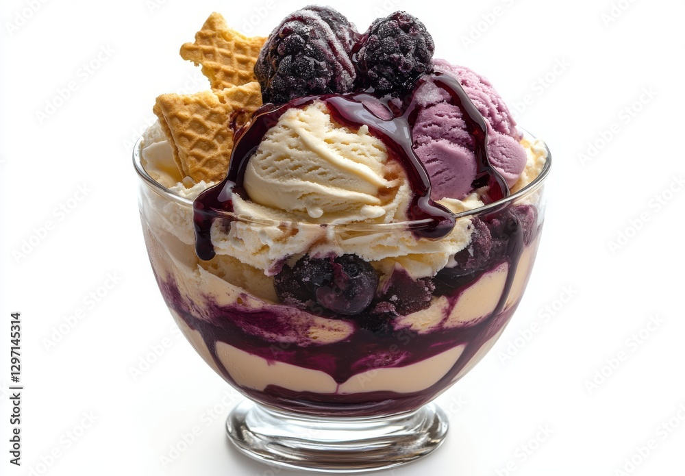 Delicious Ice Cream Sundae with Mixed Berries, Waffle Cone Pieces, Chocolate Sauce and Creamy Vanilla Ice Cream in a Clear Glass Bowl Delicious Ice Cream Sundae with Mixed Berries, Waffle Cone Pieces, Chocolate Sauce and Creamy Vanilla Ice Cream in a Clear Glass Bowl