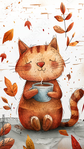 Cute grumpy cat enjoying a cozy coffee moment surrounded by autumn leaves