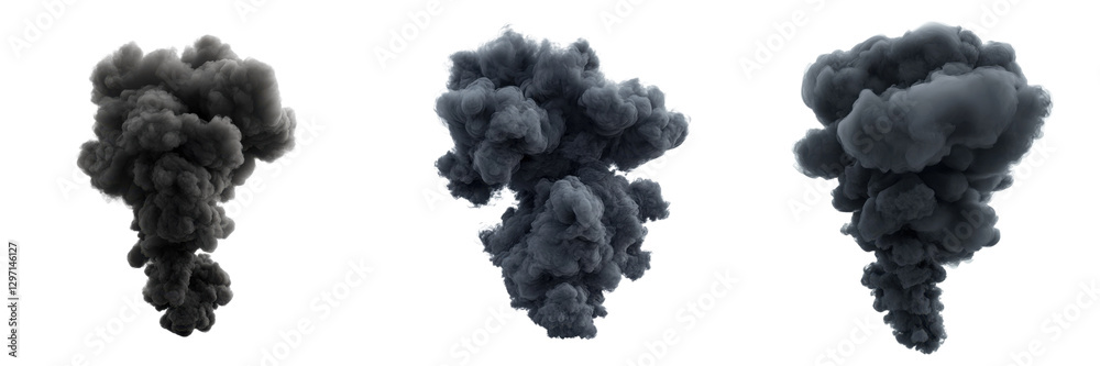 A Set of Dark Volcanic Smoke Clouds Rising in the Air Isolated on Transparent Background A Set of Dark Volcanic Smoke Clouds Rising in the Air Isolated on Transparent Background