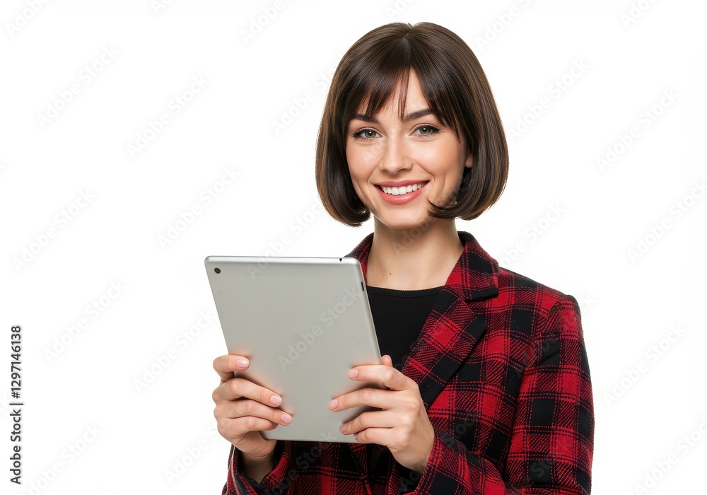A smiling woman wearing a plaid blazer holding a tablet isolated on white background A smiling woman wearing a plaid blazer holding a tablet isolated on white background