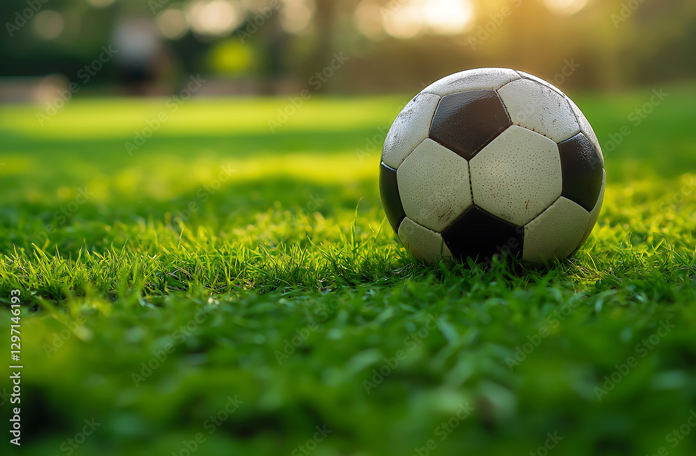 Fototapeta premium Close-Up of Soccer Ball on Grass Field in the Evening for Outdoor Football Sports Photography