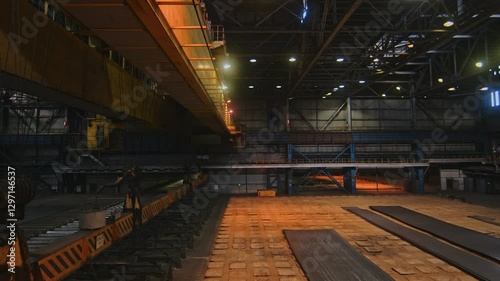 Long sheets of metal at a metallurgical plant. Metallurgical industry.