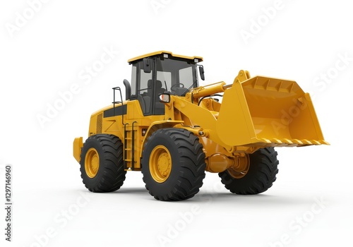Large yellow tractor loader with black tires isolated on white background