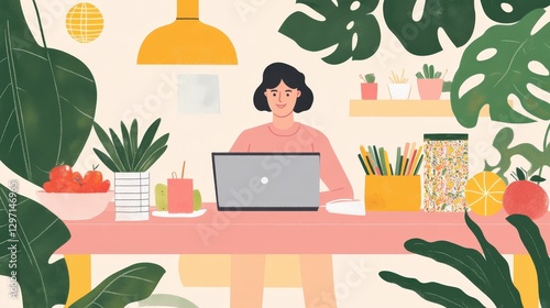 Modern Entrepreneur Working on Laptop Surrounded by Fresh Ideas