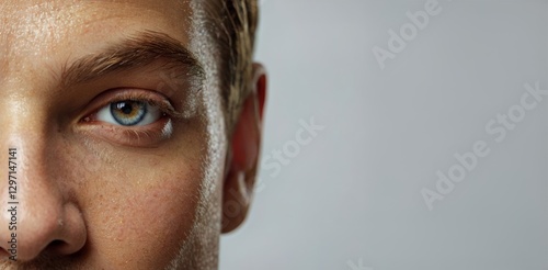 Close up detail of the left side of the face of a white-skinned man with blue eyes, with copy space on the right side of the image.