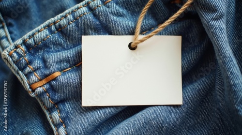 Blank label available for content placement, on jeans fabric. Top view and copy space.