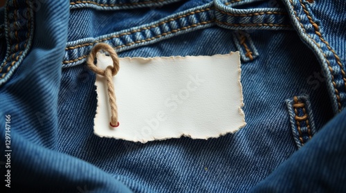 Blank label available for content placement, on jeans fabric. Top view and copy space.