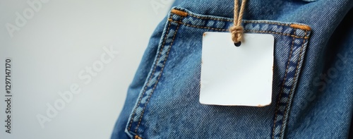 Blank label available for content placement, on jeans fabric. Top view and copy space.