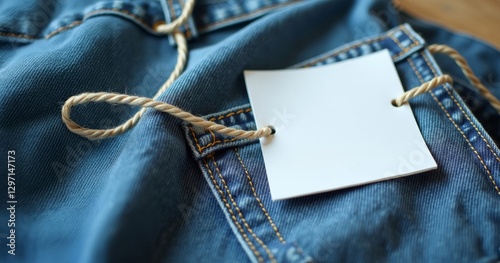Blank label available for content placement, on jeans fabric. Top view and copy space.