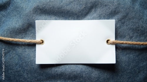 Blank label available for content placement, on jeans fabric. Top view and copy space.