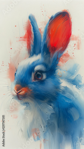 Beautiful blue rabbit in a vibrant watercolor style showcasing chaotic artistic expression