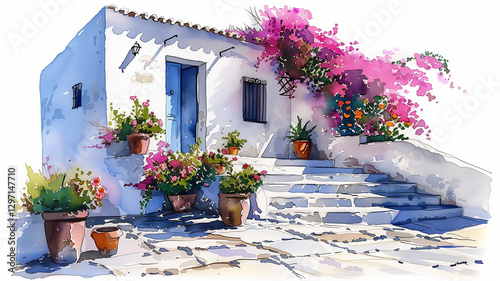 Charming watercolor illustration of a house adorned with vibrant flowers and greenery