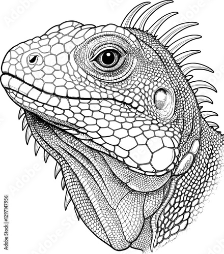 Iguana Portrait Coloring Page – Black and White
