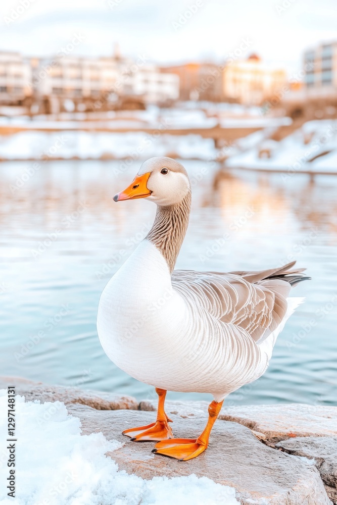 Elegant gray goose standing gracefully by a serene body of water on a calm snowy day with soft pastel colors in the background Elegant gray goose standing gracefully by a serene body of water on a calm snowy day with soft pastel colors in the background
