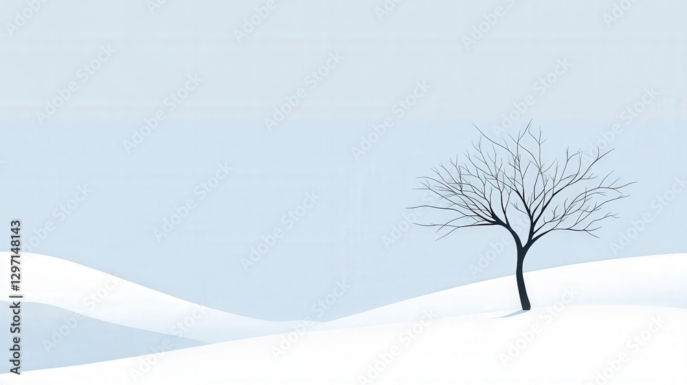 Fototapeta premium Minimalist Winter Scene with Leafless Tree in Snow Field