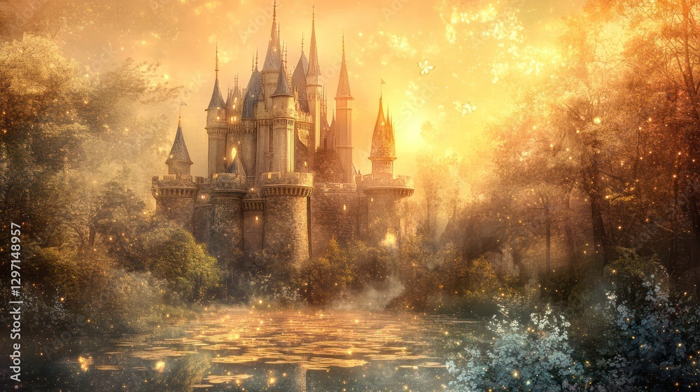Fototapeta premium A Majestic Castle Stands Illuminated Amidst a Sparkling Forest Scene