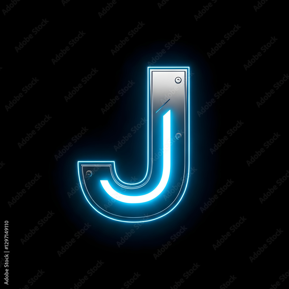 Metallic letter j with glowing blue neon light on black background Metallic letter j with glowing blue neon light on black background