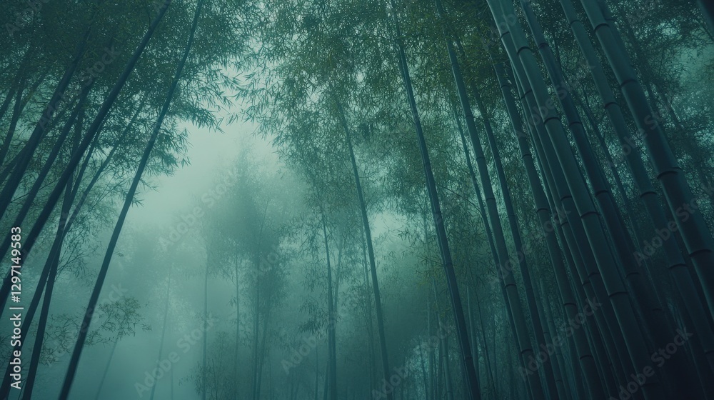 Misty Bamboo Forest with Towering Green Stalks and Soft Light Misty Bamboo Forest with Towering Green Stalks and Soft Light