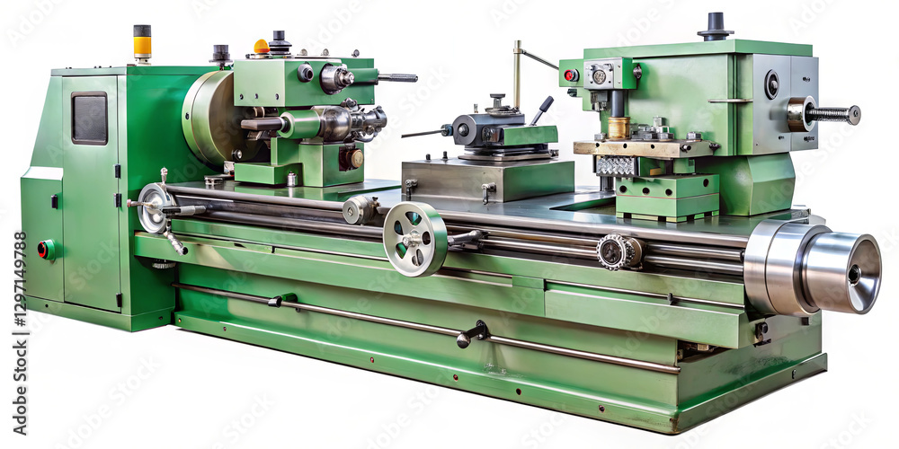 A precision lathe sits in a bright workshop, equipped with various attachments for metalworking, highlighting its robust design and functionality A precision lathe sits in a bright workshop, equipped with various attachments for metalworking, highlighting its robust design and functionality