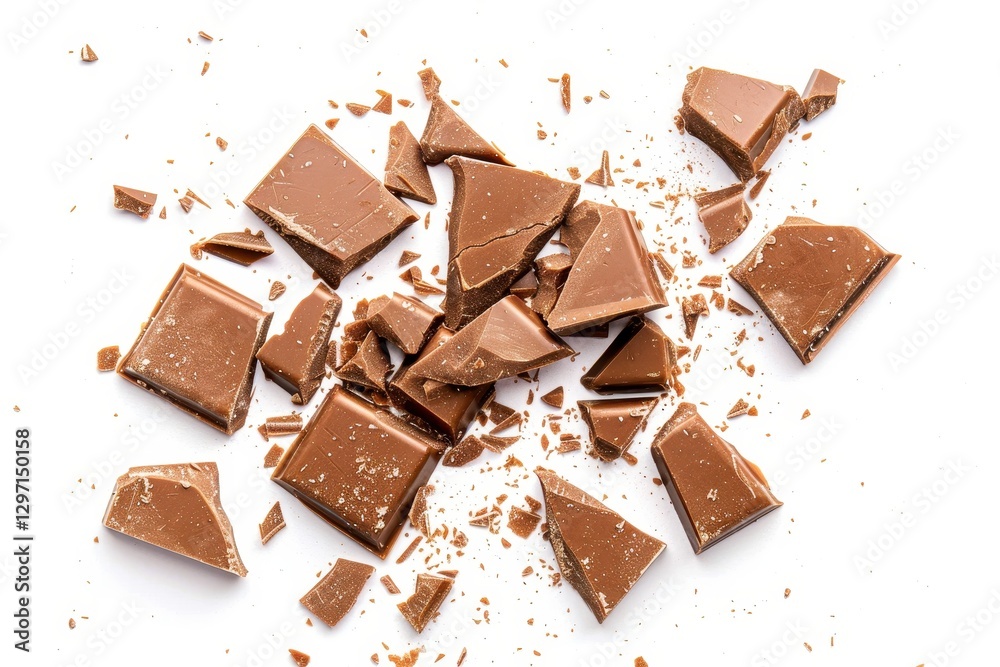Fototapeta premium Broken chocolate bar pieces isolated on white background food photography