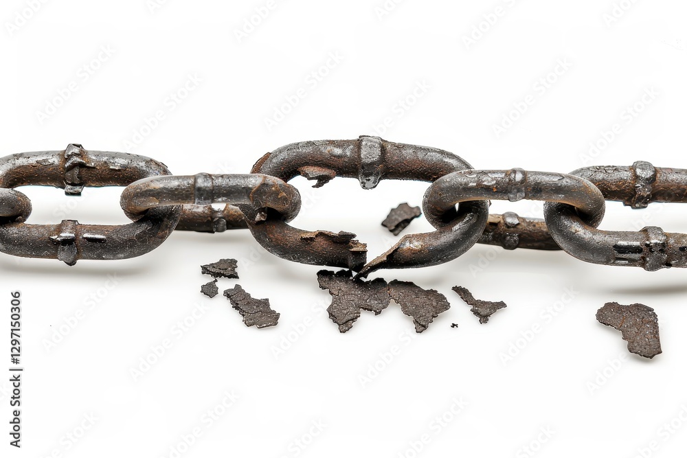 Obraz premium Rusty broken chain link isolated on white background raw style image
