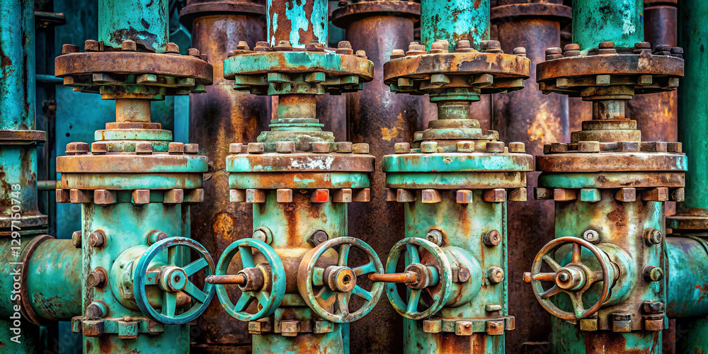 Fototapeta premium Rusted valves with intricate wheels are arranged in a row, connected to large pipes covered in blue-green patina, depicting age and industrial use in a facility