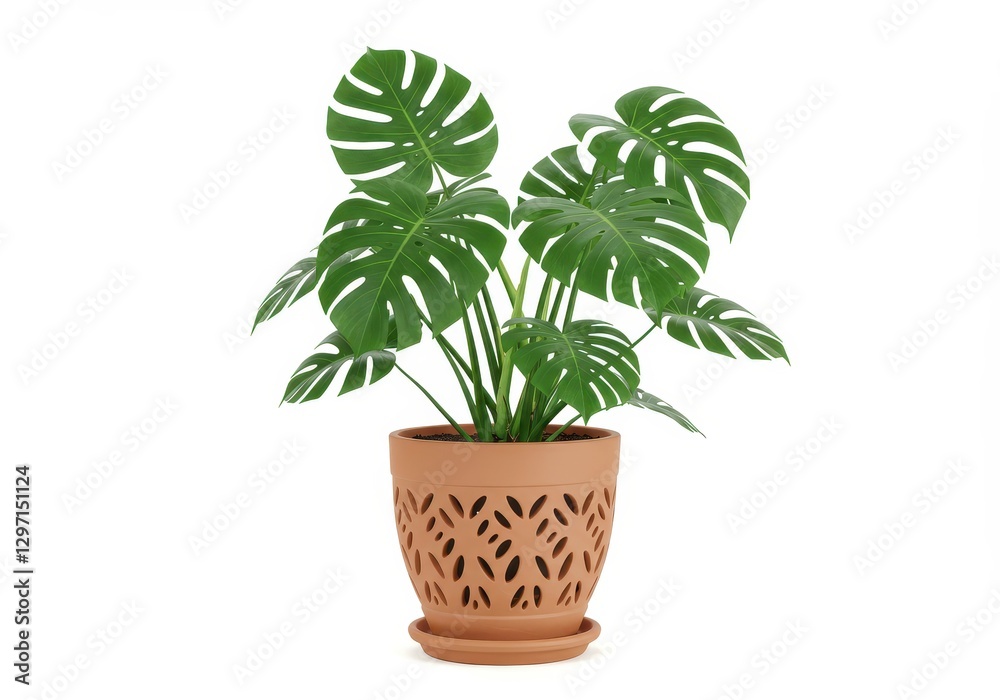 Fototapeta premium A lush green monstera plant in a terracotta pot with cut-out patterns isolated on a white background